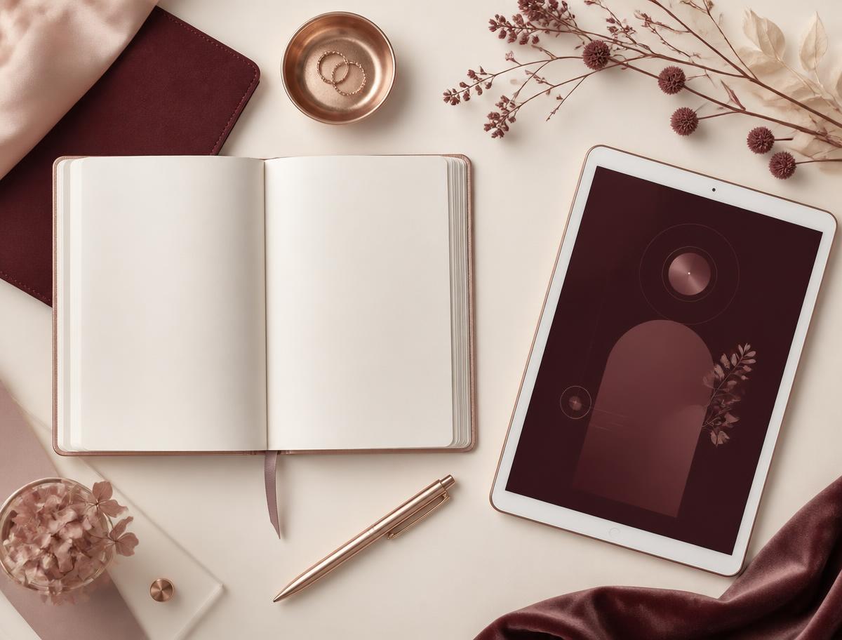 Composição do bônus Diagnóstico de Carreira com caderno, caneta e tablet